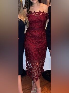 Chi Chi London Burgundy One-Shoulder Lace Midi Dress
